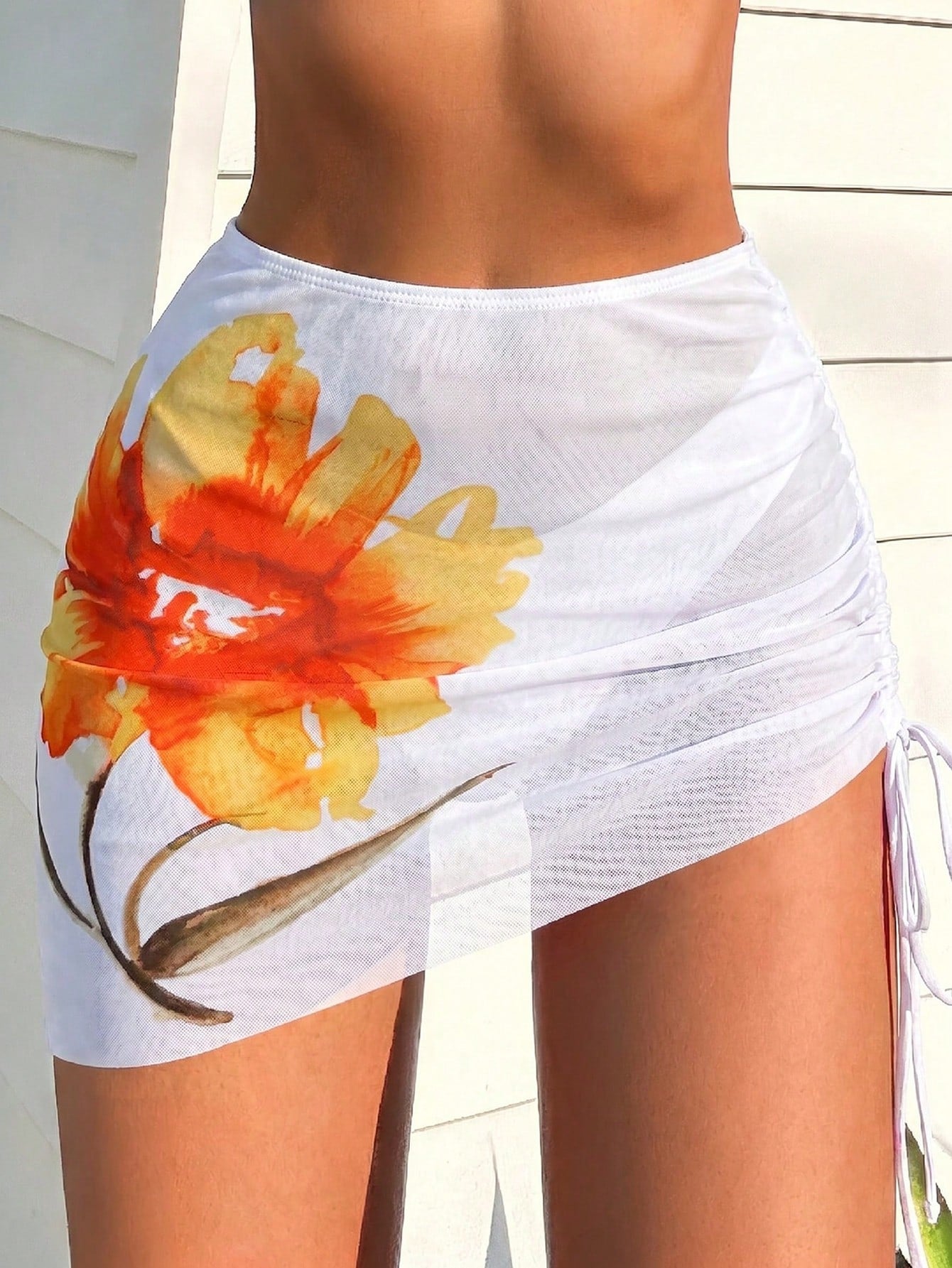 Swim Vcay Women's Position Print Mesh Skirt Cover-Up, White And Yellow Floral Beach Party Vacation Mesh Skirt Summer Breezy Sexy