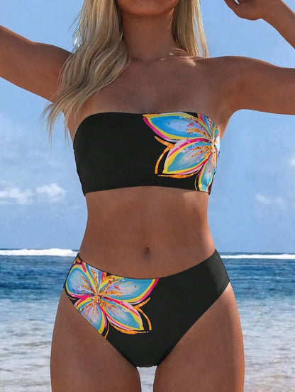 Swim Vcay Women's Printed Solid Color Elegant Sweet Sexy Bandeau High-Cut Two-Piece Swimwear Set