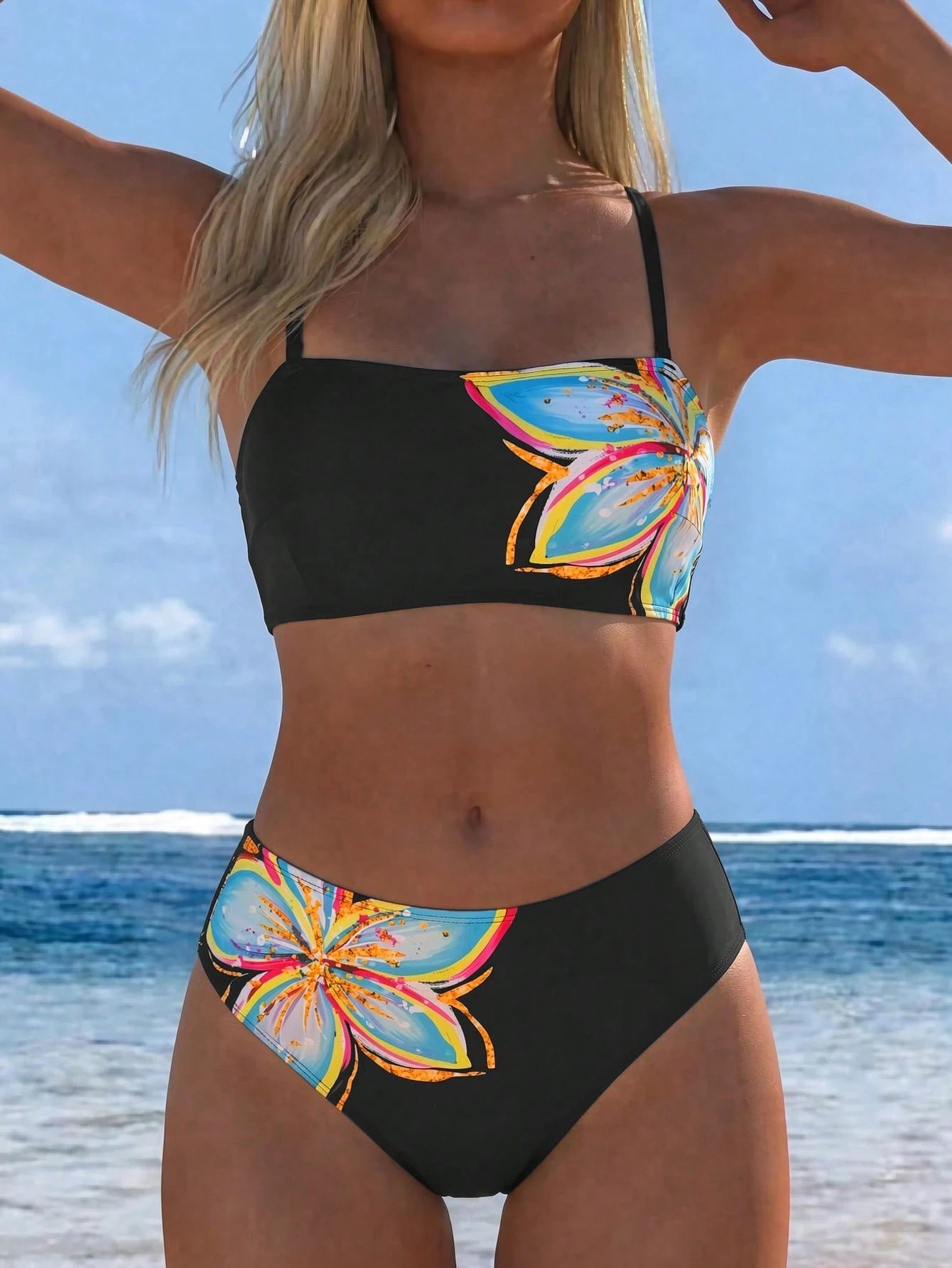 Swim Vcay Women's Printed Solid Color Elegant Sweet Sexy Bandeau High-Cut Two-Piece Swimwear Set