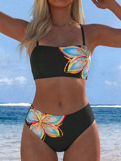 Swim Vcay Women's Printed Solid Color Elegant Sweet Sexy Bandeau High-Cut Two-Piece Swimwear Set