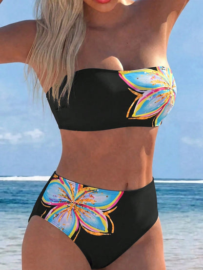 Swim Vcay Women's Printed Solid Color Elegant Sweet Sexy Bandeau High-Cut Two-Piece Swimwear Set