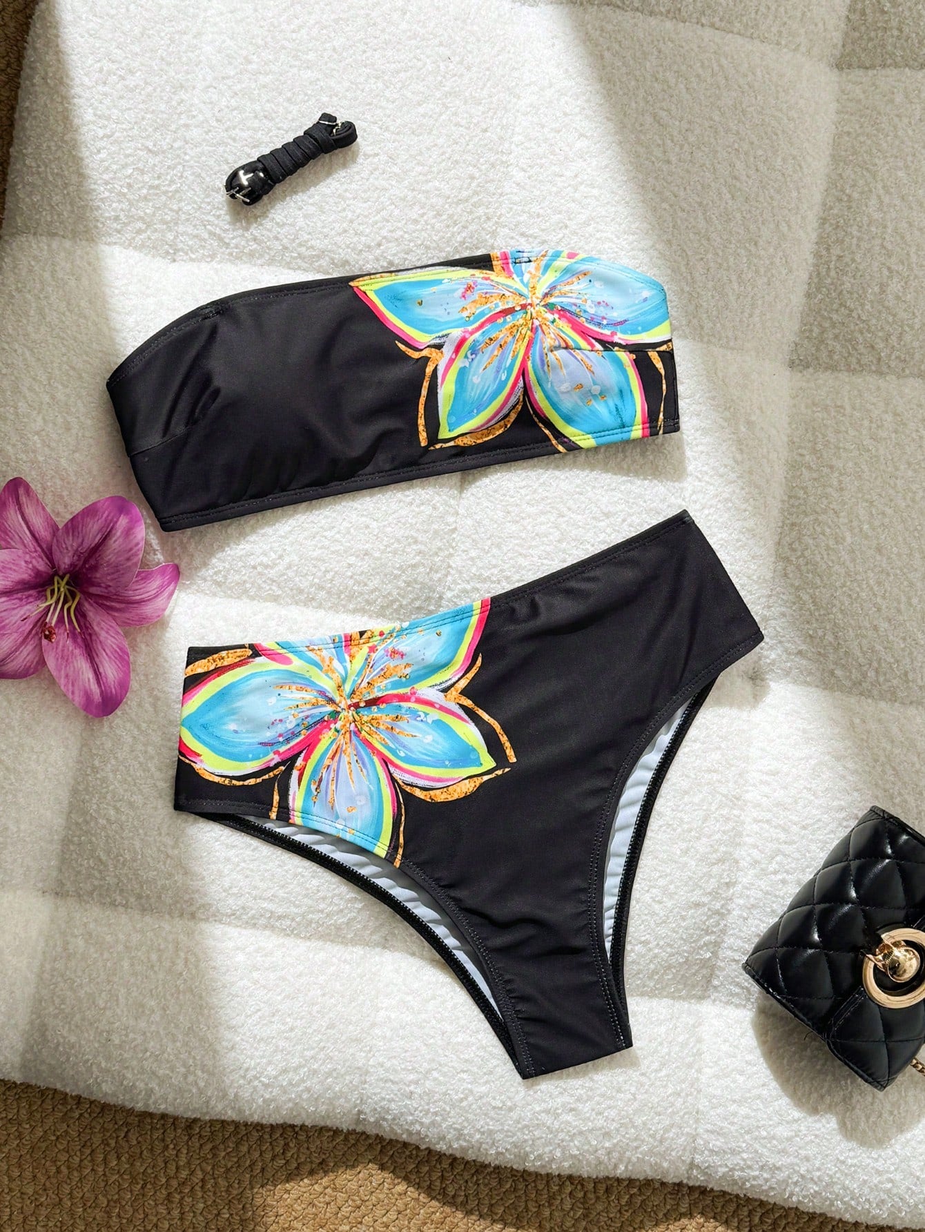 Swim Vcay Women's Printed Solid Color Elegant Sweet Sexy Bandeau High-Cut Two-Piece Swimwear Set