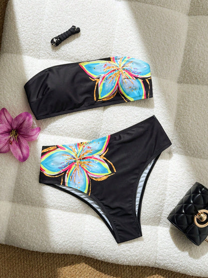 Swim Vcay Women's Printed Solid Color Elegant Sweet Sexy Bandeau High-Cut Two-Piece Swimwear Set