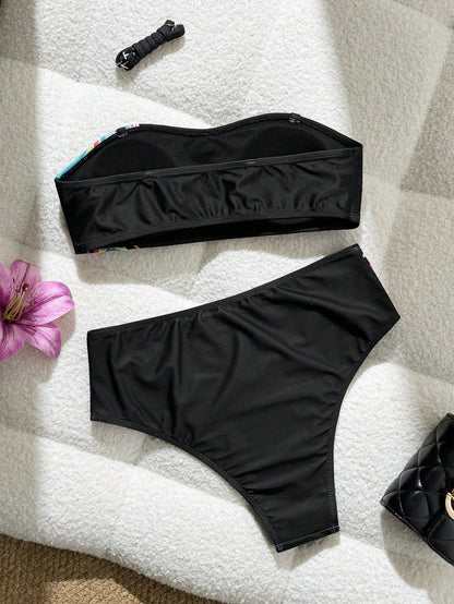 Swim Vcay Women's Printed Solid Color Elegant Sweet Sexy Bandeau High-Cut Two-Piece Swimwear Set