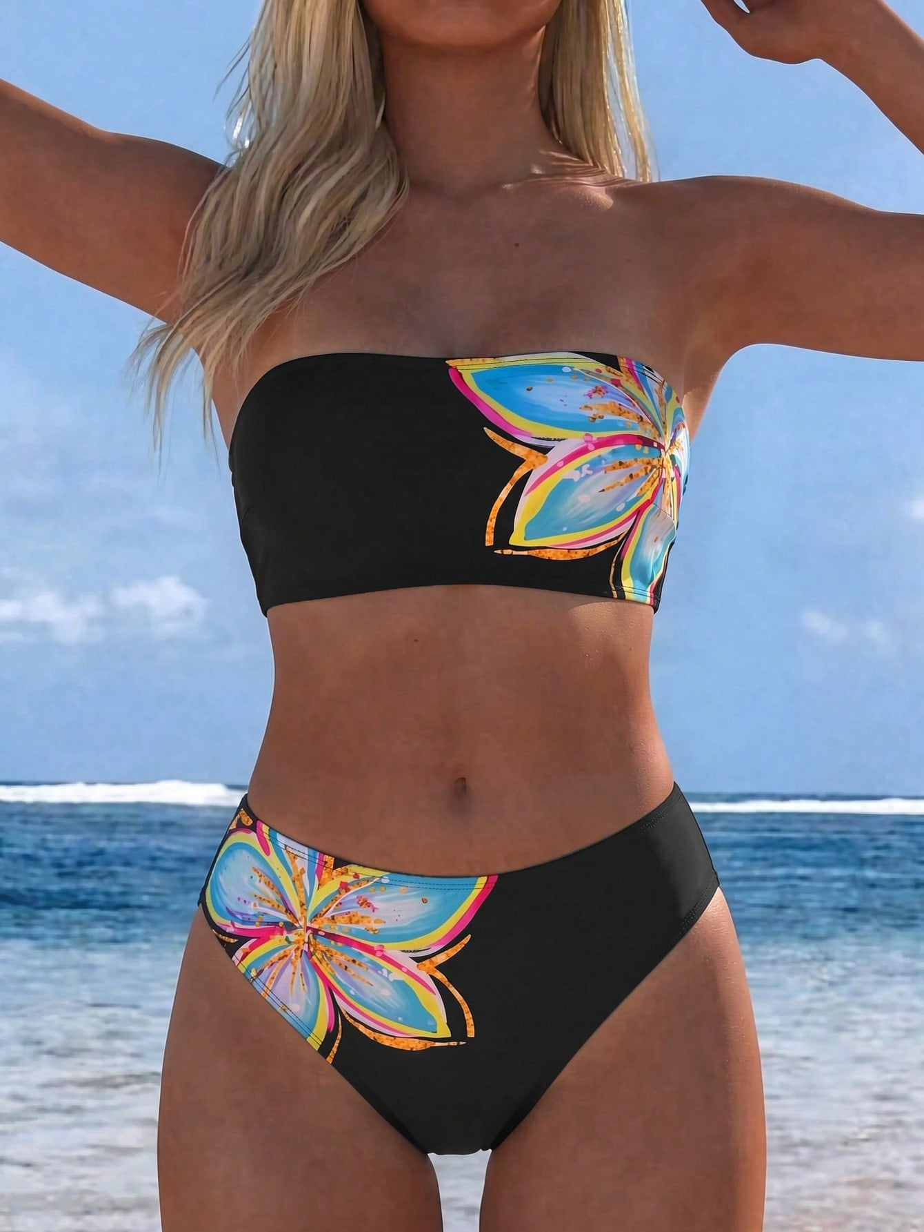 Swim Vcay Women's Printed Solid Color Elegant Sweet Sexy Bandeau High-Cut Two-Piece Swimwear Set