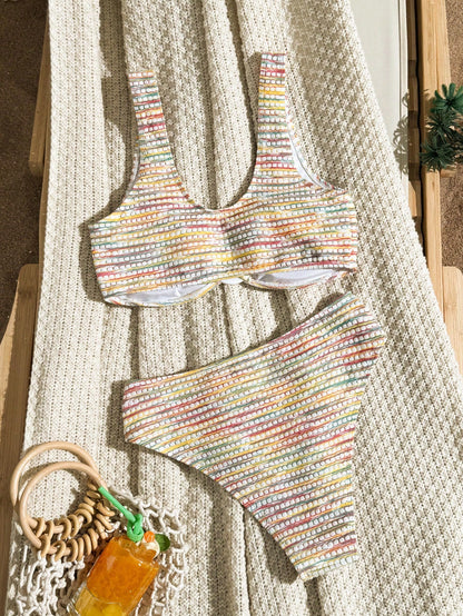 Swim Vcay Women's Rainbow-Striped Bikini Set For Summer Beach Vacations
