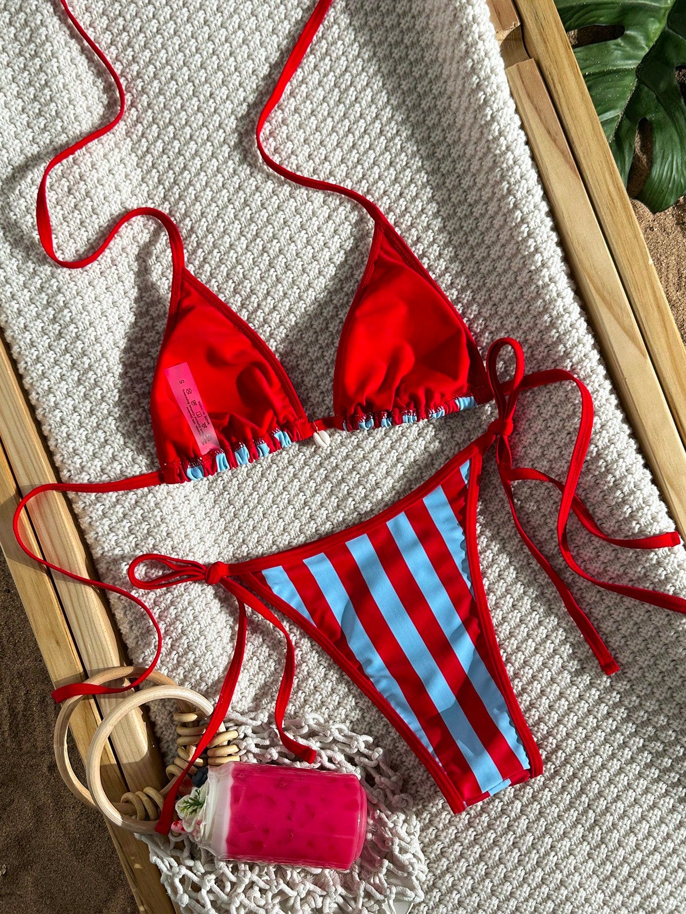 Swim Vcay Women's Red Striped Bikini Set,Summer Casual Beach Holiday Vacation Push Up 2-Piece Swimwear,Spaghetti Strap Halter High Cut Drawstring Bathing Suit