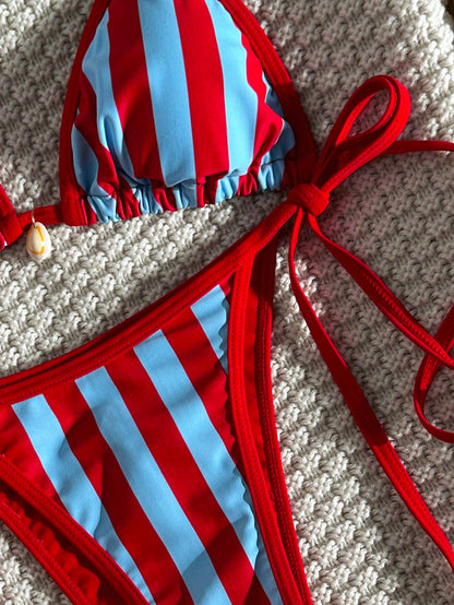 Swim Vcay Women's Red Striped Bikini Set,Summer Casual Beach Holiday Vacation Push Up 2-Piece Swimwear,Spaghetti Strap Halter High Cut Drawstring Bathing Suit