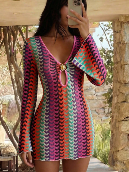 Swim Vcay Women's Sexy Fashion Textured Mesh Fabric Front Metal Decor Sheer Cover-Up Top, Spring/Summer