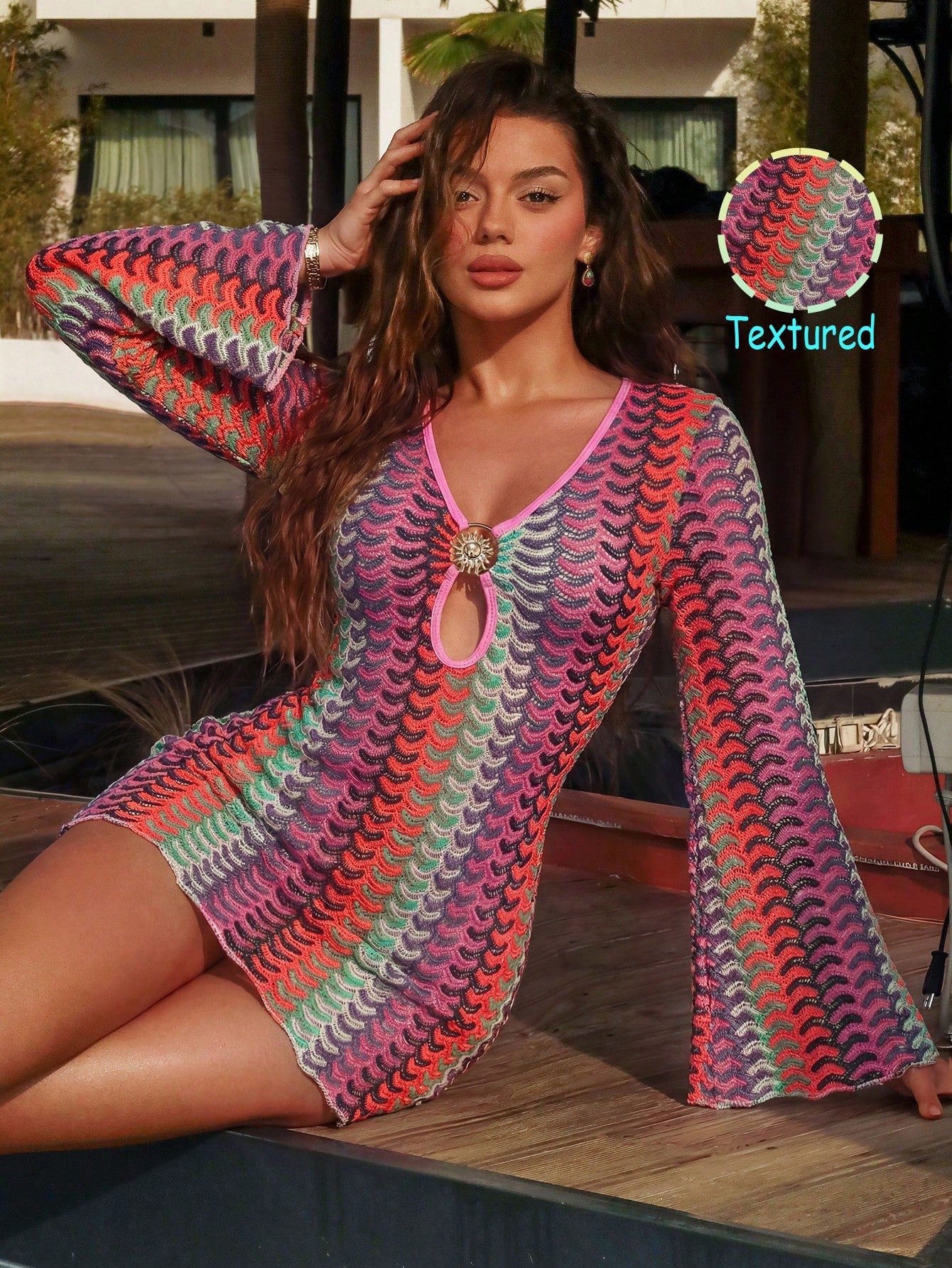 Swim Vcay Women's Sexy Fashion Textured Mesh Fabric Front Metal Decor Sheer Cover-Up Top, Spring/Summer