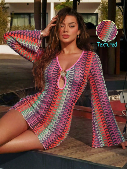 Swim Vcay Women's Sexy Fashion Textured Mesh Fabric Front Metal Decor Sheer Cover-Up Top, Spring/Summer