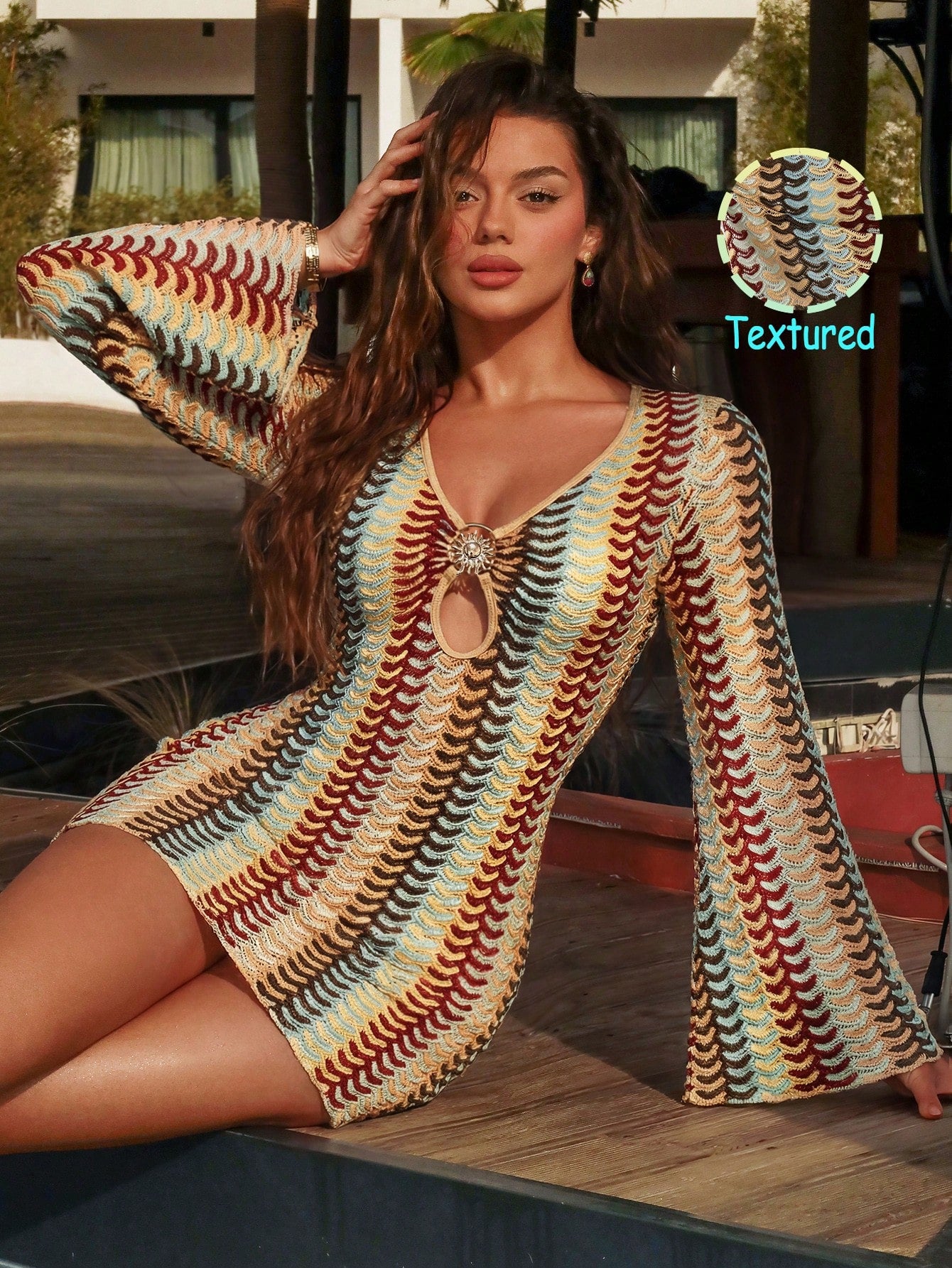 Swim Vcay Women's Sexy Fashion Textured Mesh Fabric Front Metal Decor Sheer Cover-Up Top, Spring/Summer