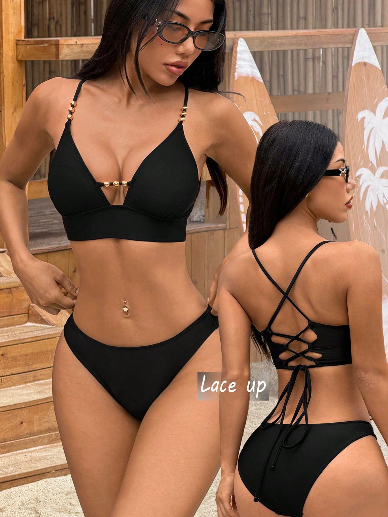 Swim Vcay Women's Sexy Solid Black Criss-Cross Back Design Casual Bikini Set With Shiny Golden Pearl Decor, Spring/Summer