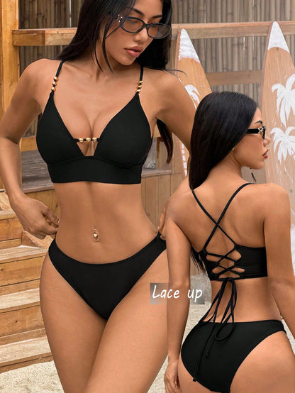 Swim Vcay Women's Sexy Solid Black Criss-Cross Back Design Casual Bikini Set With Shiny Golden Pearl Decor, Spring/Summer
