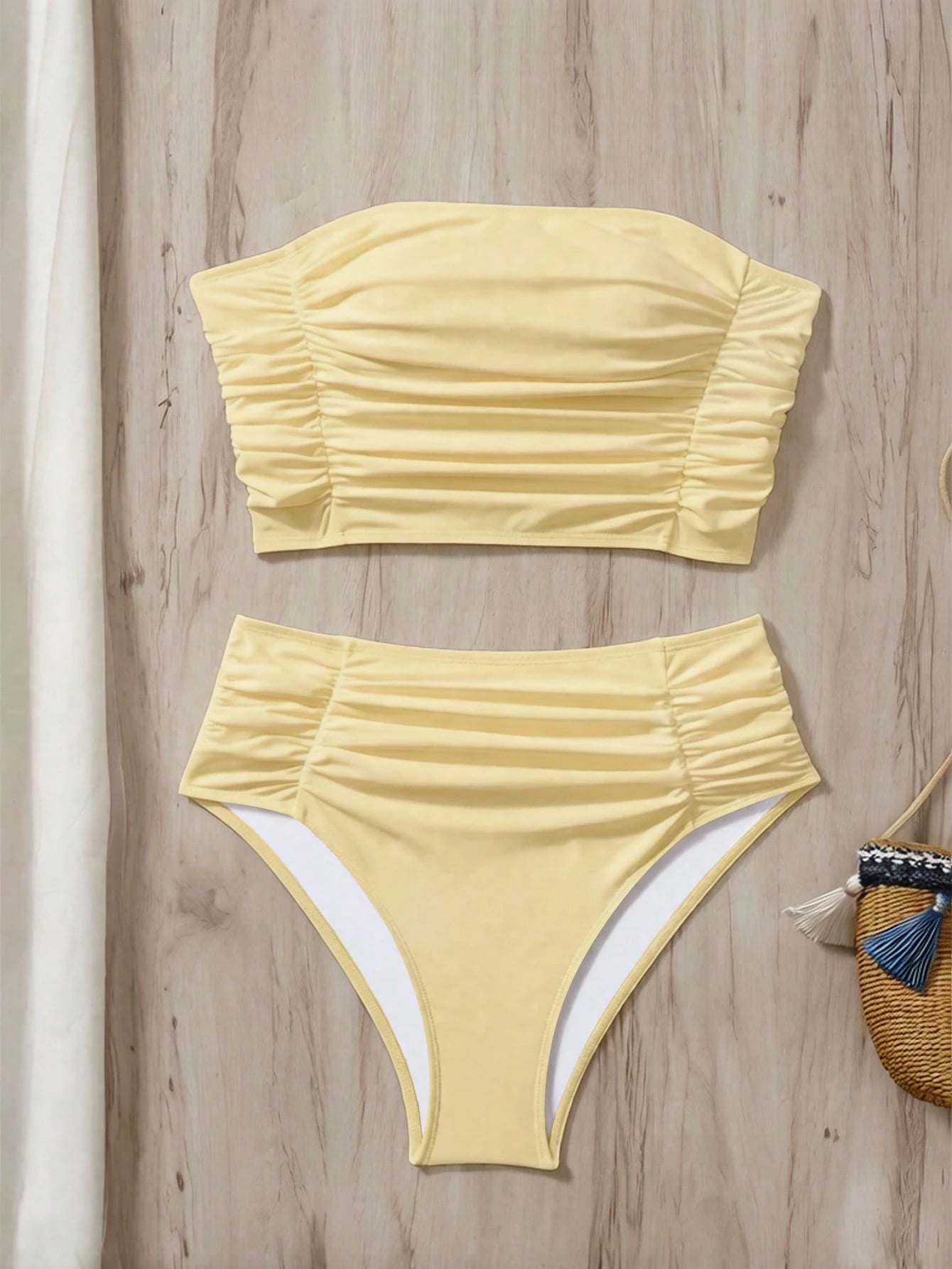 Swim Vcay Women's Solid Color Bandeau Bikini Set With Side Ruched Details, Beach Summer Outfit
