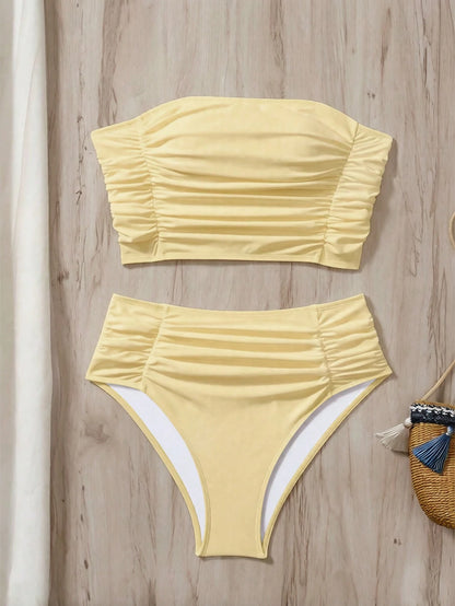 Swim Vcay Women's Solid Color Bandeau Bikini Set With Side Ruched Details, Beach Summer Outfit