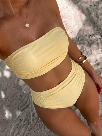 Swim Vcay Women's Solid Color Bandeau Bikini Set With Side Ruched Details, Beach Summer Outfit