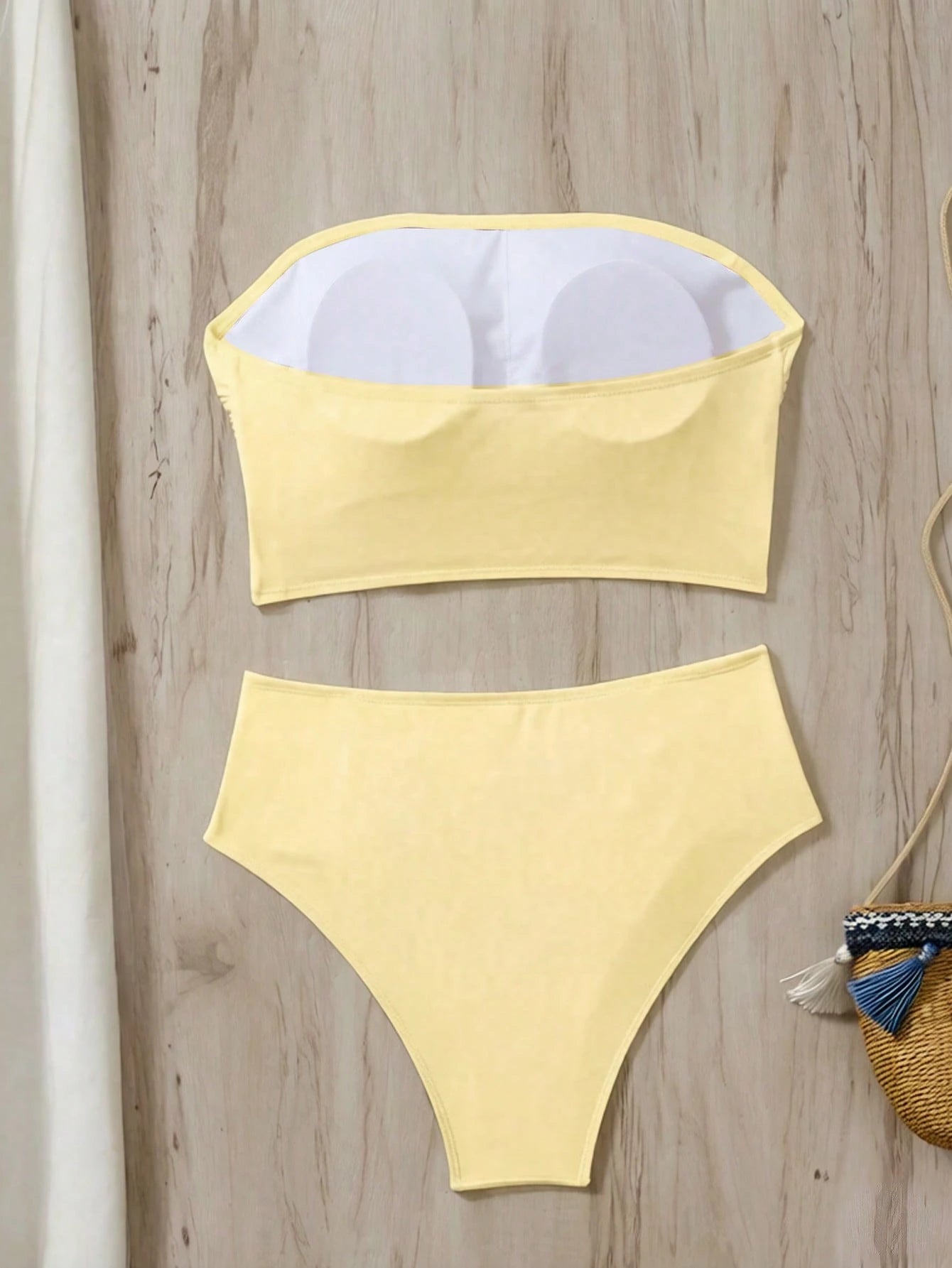 Swim Vcay Women's Solid Color Bandeau Bikini Set With Side Ruched Details, Beach Summer Outfit
