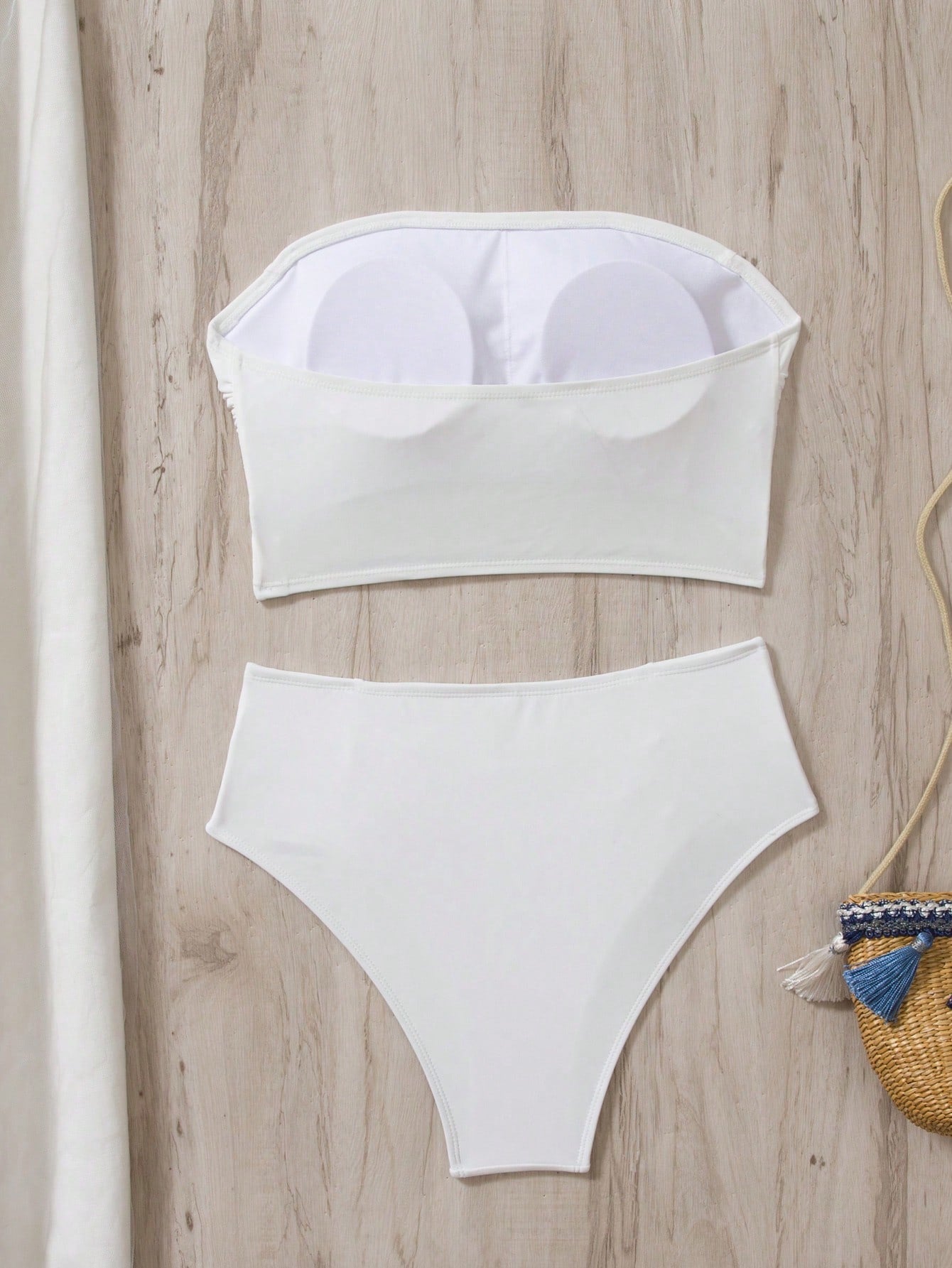 Swim Vcay Women's Solid Color Bandeau Bikini Set With Side Ruched Details, Beach Summer Outfit