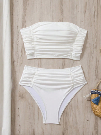 Swim Vcay Women's Solid Color Bandeau Bikini Set With Side Ruched Details, Beach Summer Outfit