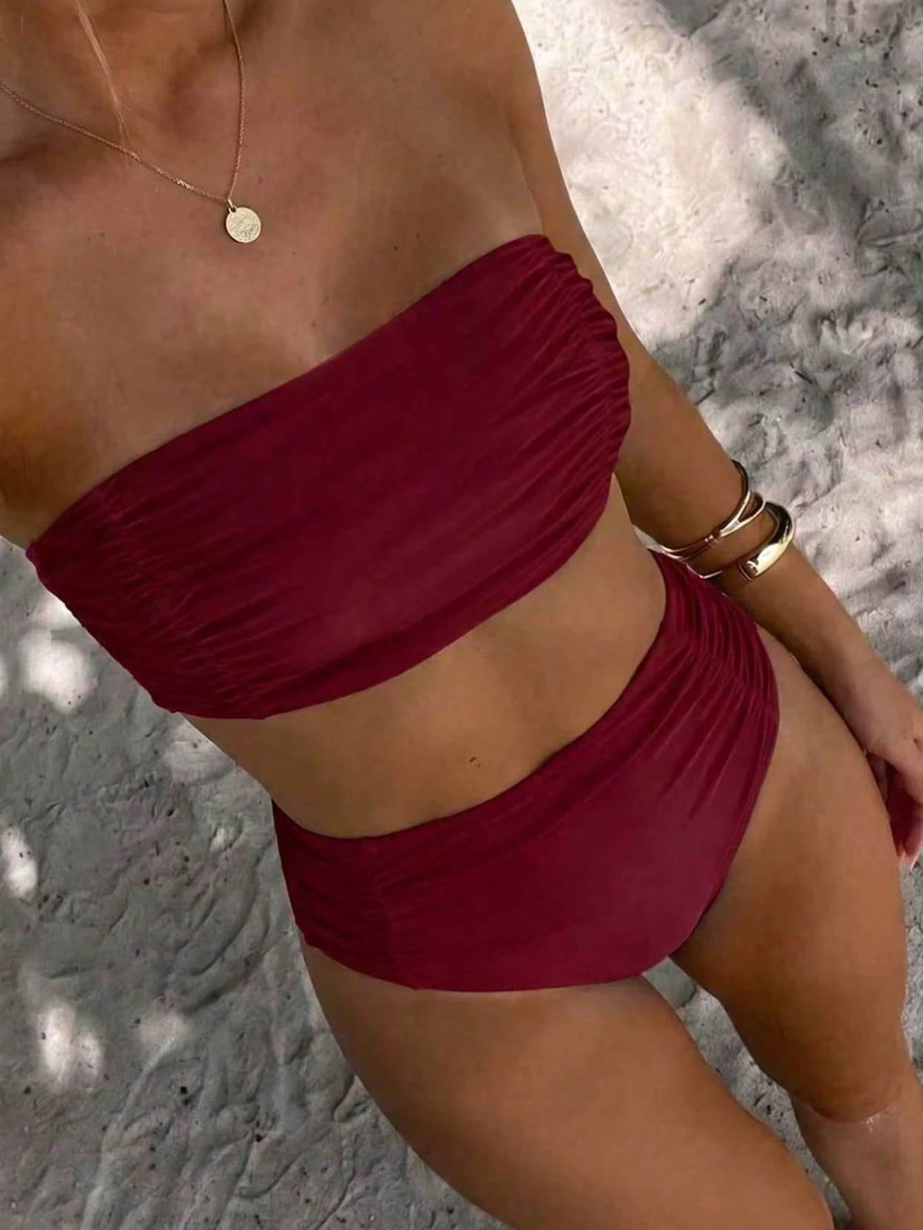 Swim Vcay Women's Solid Color Bandeau Bikini Set With Side Ruched Details, Beach Summer Outfit