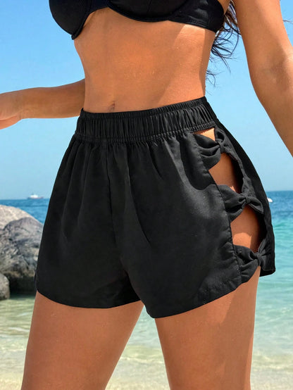 Swim Vcay Women's Solid Color Bow Tie Casual Beach Shorts, Summer