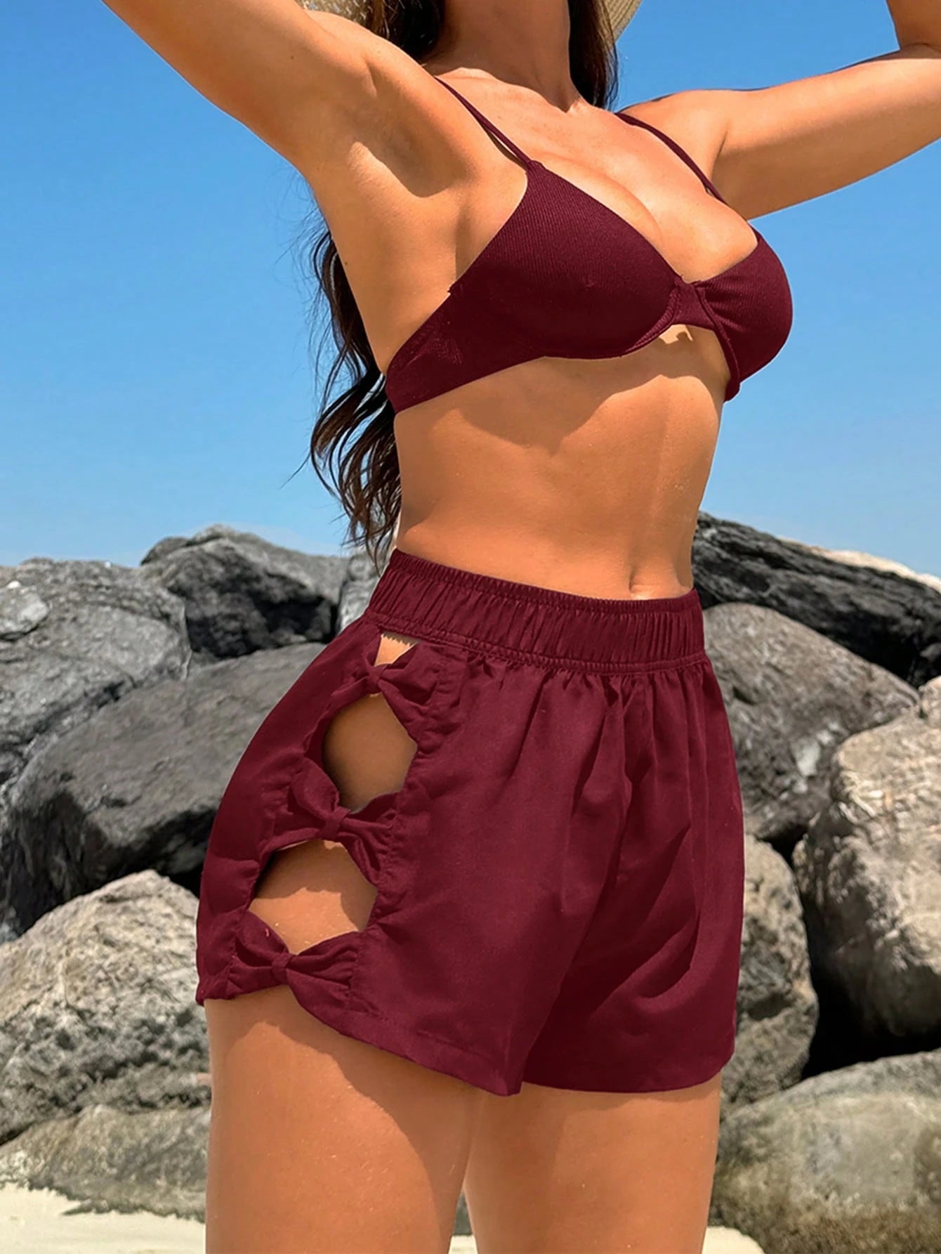 Swim Vcay Women's Solid Color Bow Tie Casual Beach Shorts, Summer