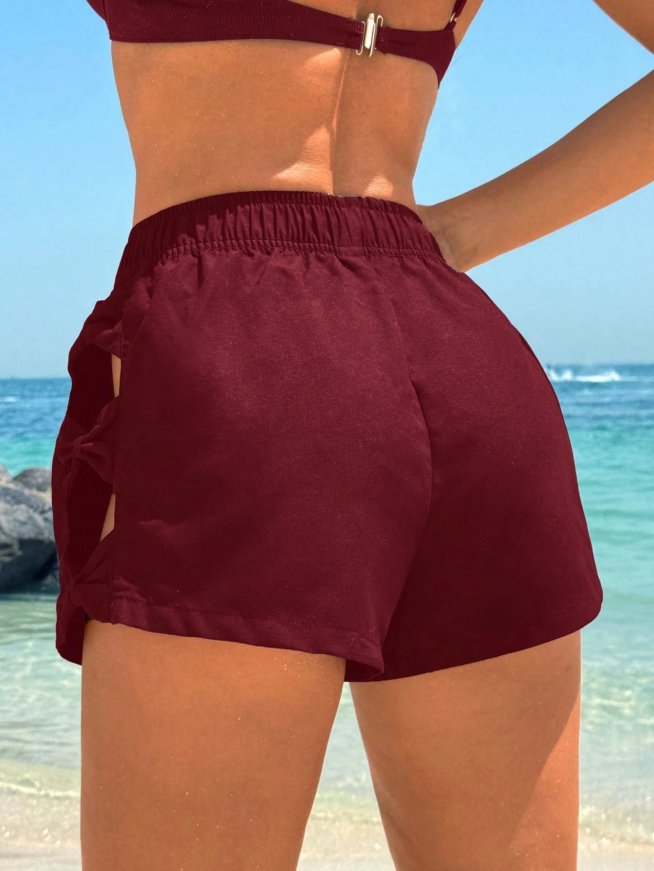 Swim Vcay Women's Solid Color Bow Tie Casual Beach Shorts, Summer