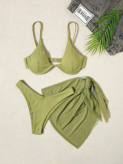 Swim Vcay Women's Solid Color Halter Tie Sexy Bikini Set With Cover-Up Skirt, 3-Piece, Padded For Summer Beach Vacation