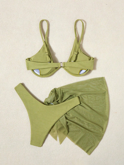 Swim Vcay Women's Solid Color Halter Tie Sexy Bikini Set With Cover-Up Skirt, 3-Piece, Padded For Summer Beach Vacation