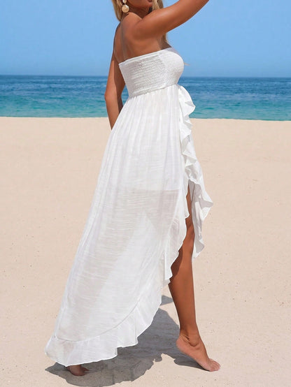 Swim Vcay Women's Solid Color Pleated Casual Beach Cover-Up Halter Dress