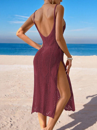 Swim Vcay Women's Solid Color Side Slit Hem Camisole Cover Up Dress For Vacation Beach Party Hot Pink Sequin Summer Sexy