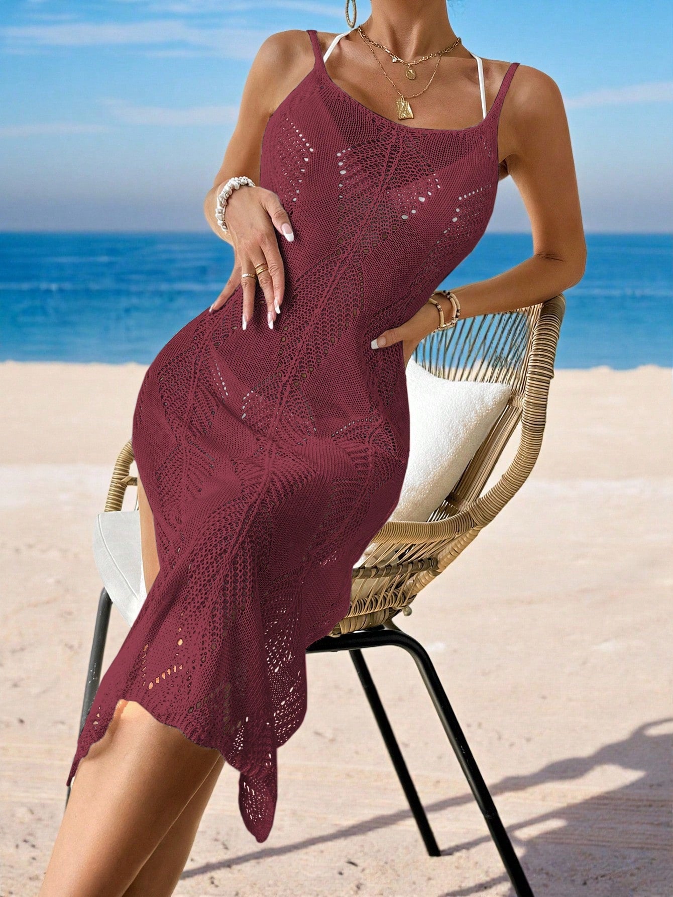 Swim Vcay Women's Solid Color Side Slit Hem Camisole Cover Up Dress For Vacation Beach Party Hot Pink Sequin Summer Sexy