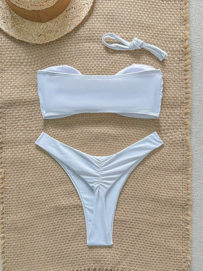 Swim Vcay Women's Solid Color Spaghetti Strap Starfish Metal Decor Sexy Bikini Set, Summer
