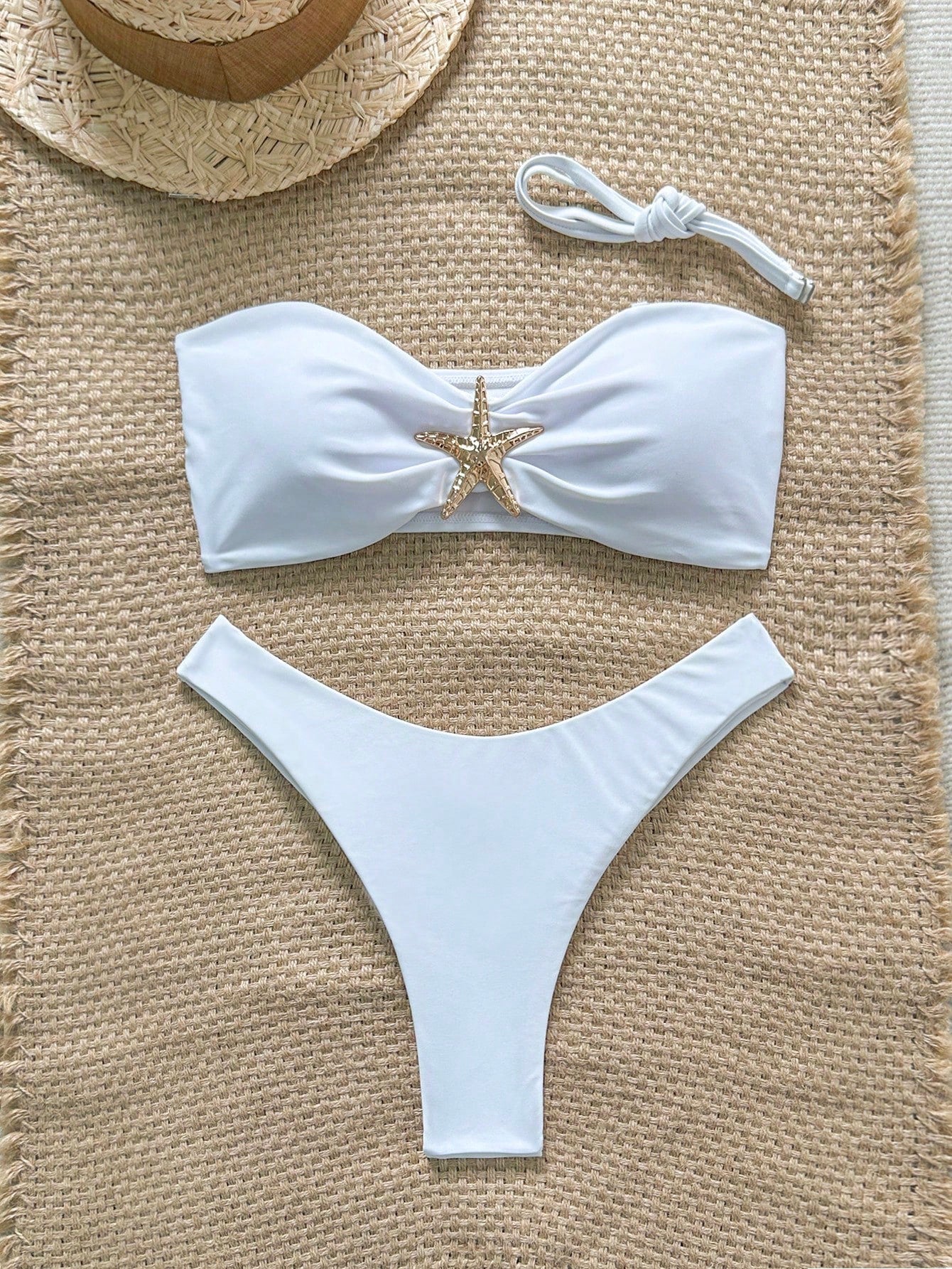 Swim Vcay Women's Solid Color Spaghetti Strap Starfish Metal Decor Sexy Bikini Set, Summer