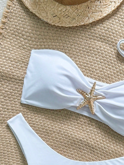 Swim Vcay Women's Solid Color Spaghetti Strap Starfish Metal Decor Sexy Bikini Set, Summer