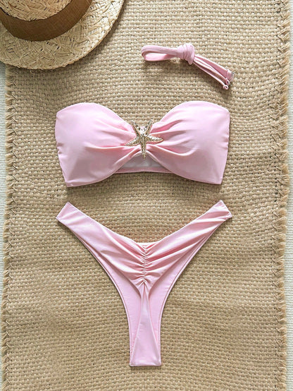 Swim Vcay Women's Solid Color Spaghetti Strap Starfish Metal Decor Sexy Bikini Set, Summer