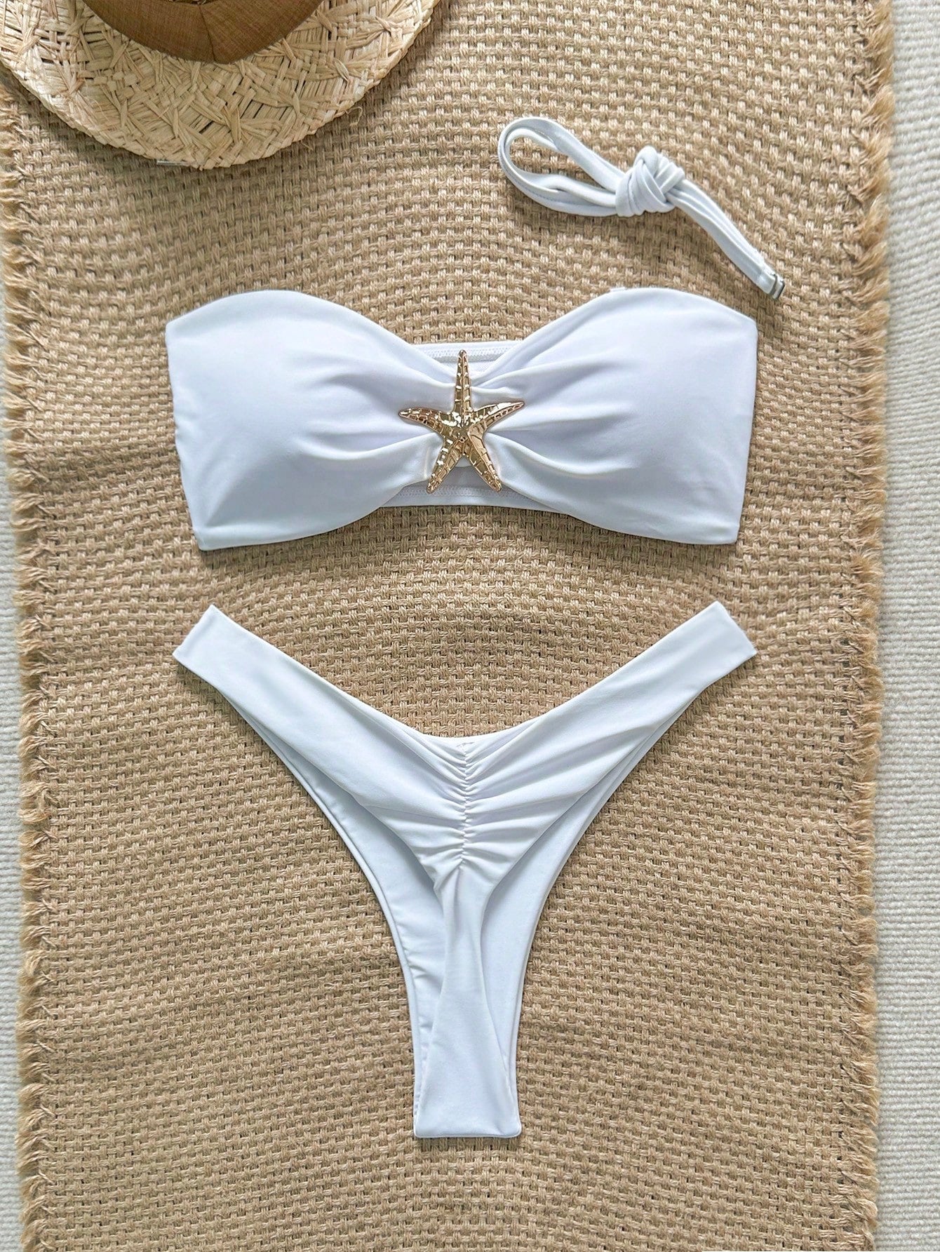 Swim Vcay Women's Solid Color Spaghetti Strap Starfish Metal Decor Sexy Bikini Set, Summer