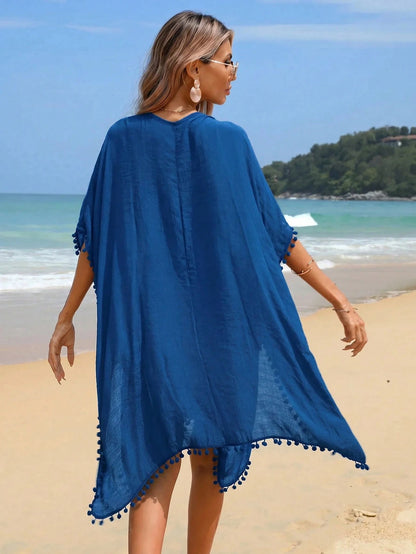 Swim Vcay Women's Solid Color Tassel Trim Beach Cover-Up