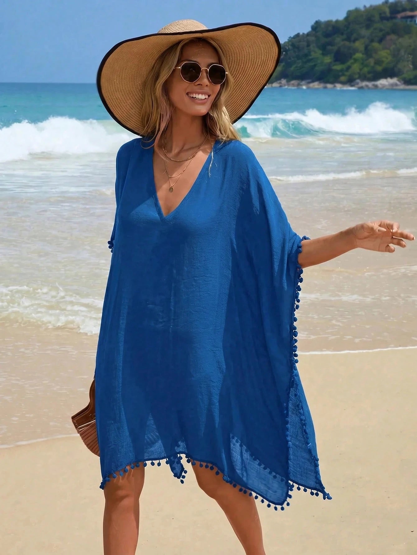 Swim Vcay Women's Solid Color Tassel Trim Beach Cover-Up