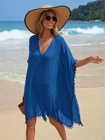 Swim Vcay Women's Solid Color Tassel Trim Beach Cover-Up