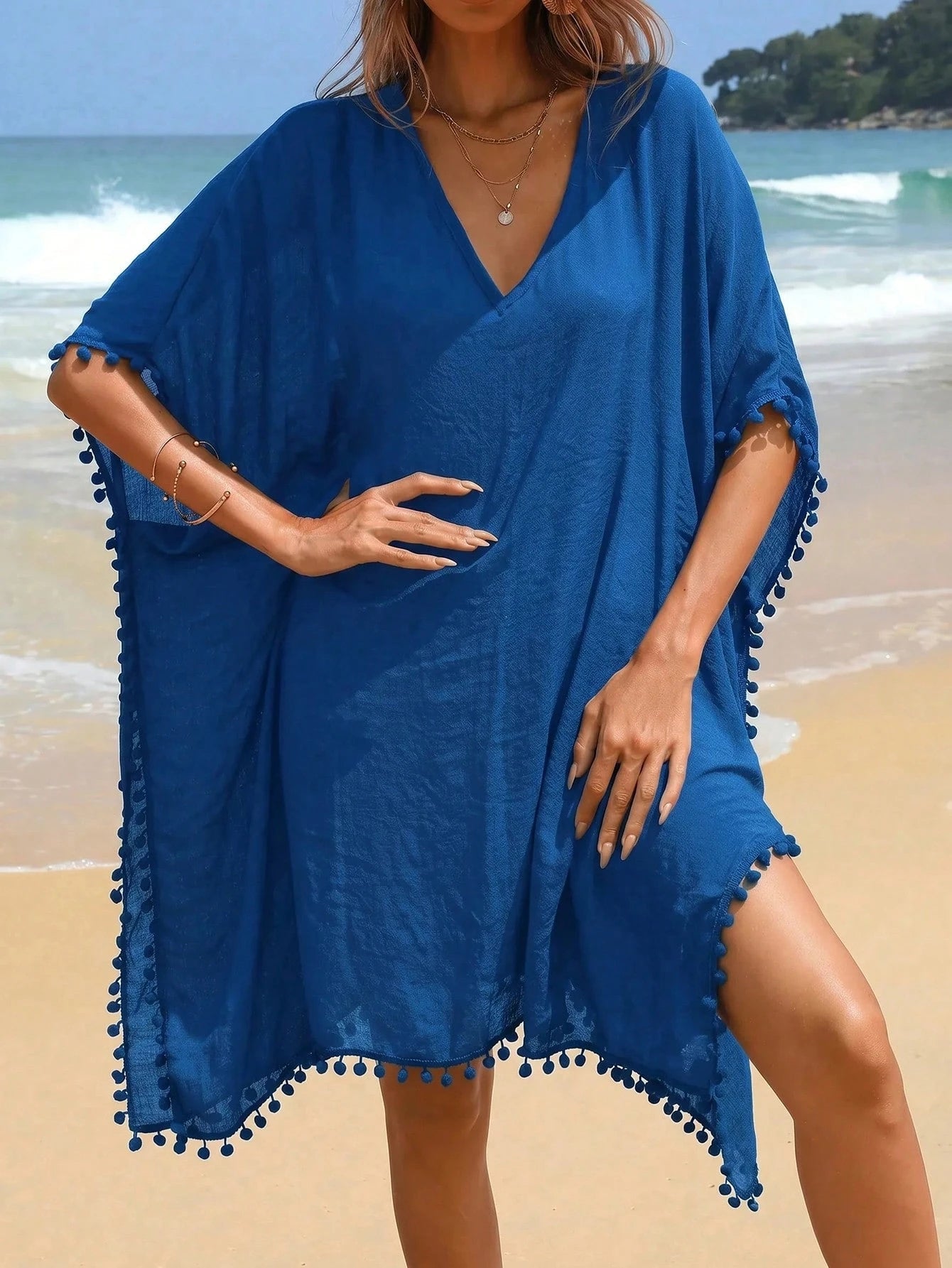 Swim Vcay Women's Solid Color Tassel Trim Beach Cover-Up