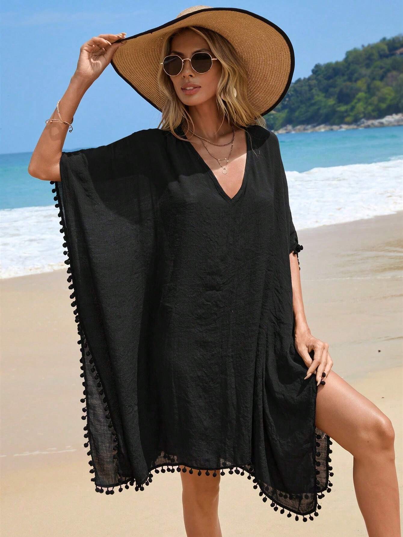 Swim Vcay Women's Solid Color Tassel Trim Beach Cover-Up