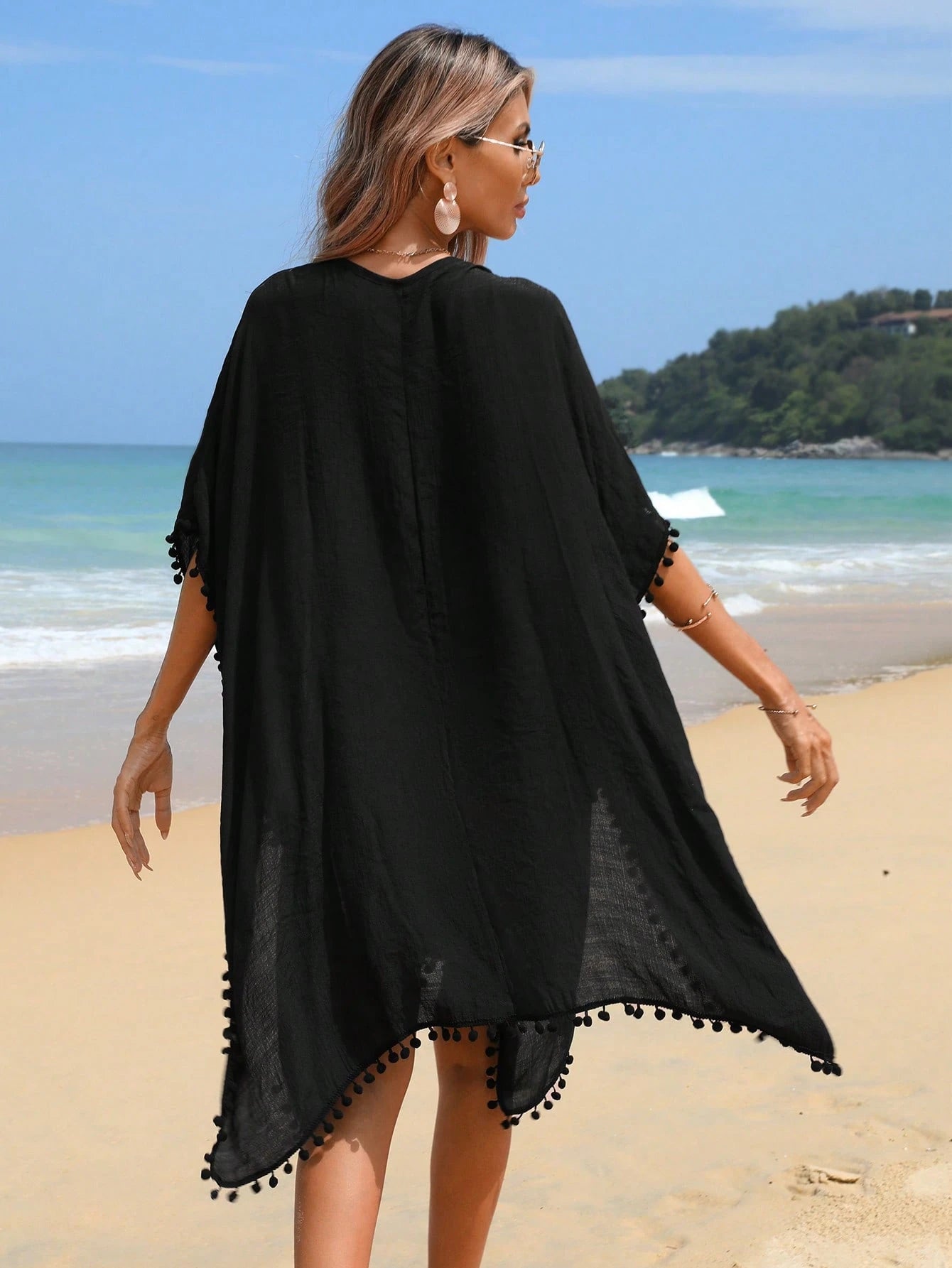 Swim Vcay Women's Solid Color Tassel Trim Beach Cover-Up