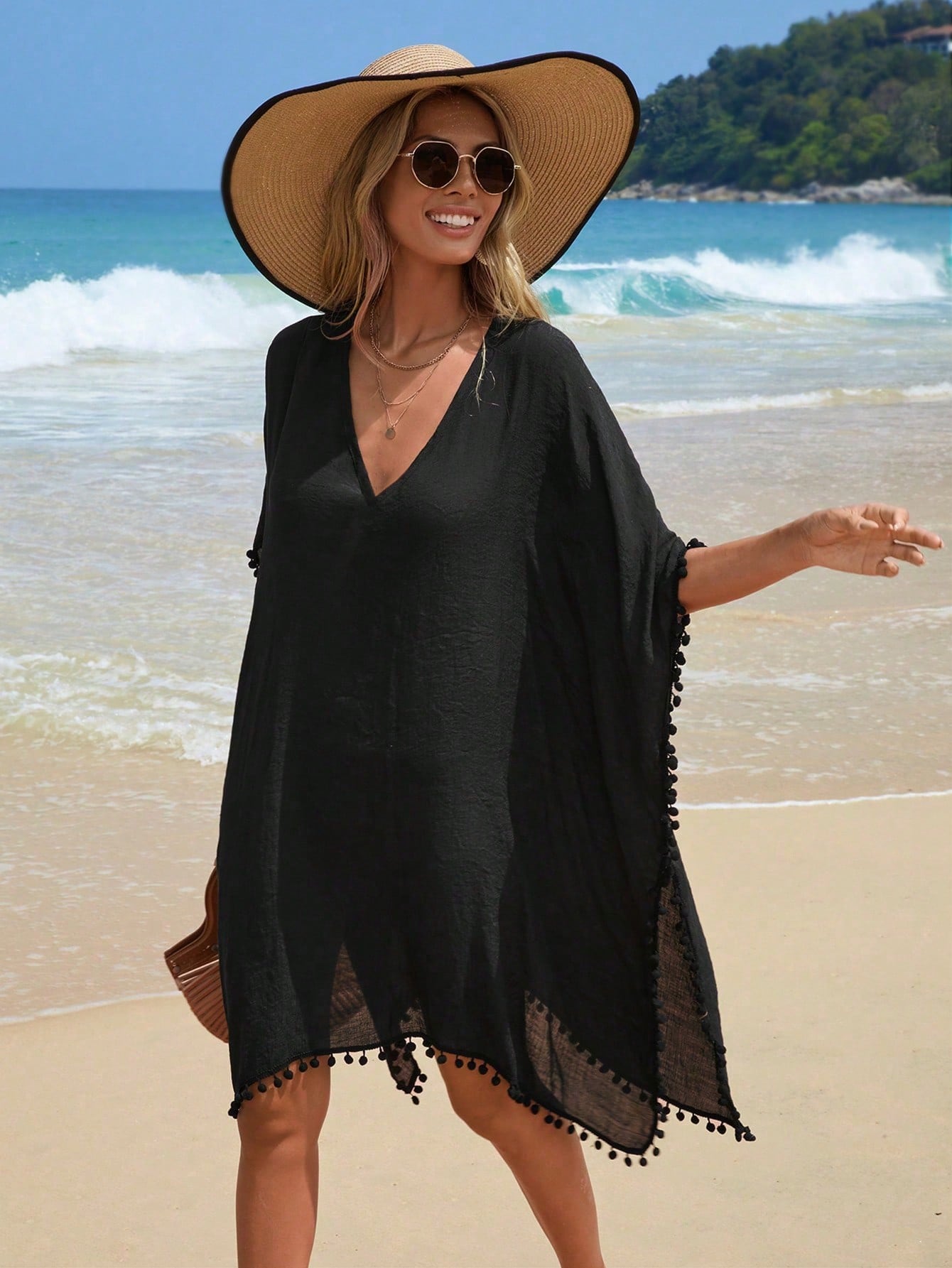 Swim Vcay Women's Solid Color Tassel Trim Beach Cover-Up