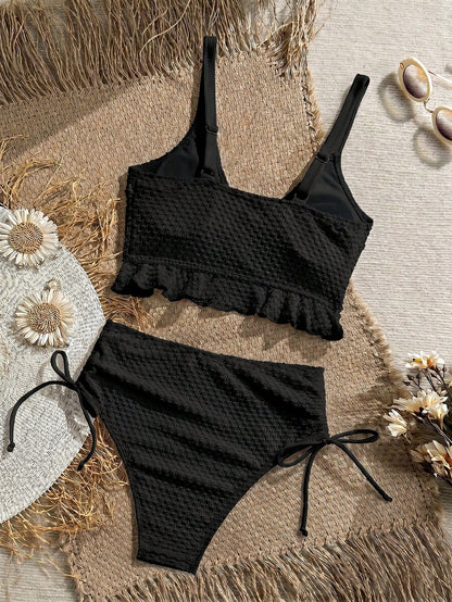 Swim Vcay Women's Solid Color Textured Fabric Sweet Ruffle Drawstring High Waist Cropped Camisole Bikini Top For Beach Vacation