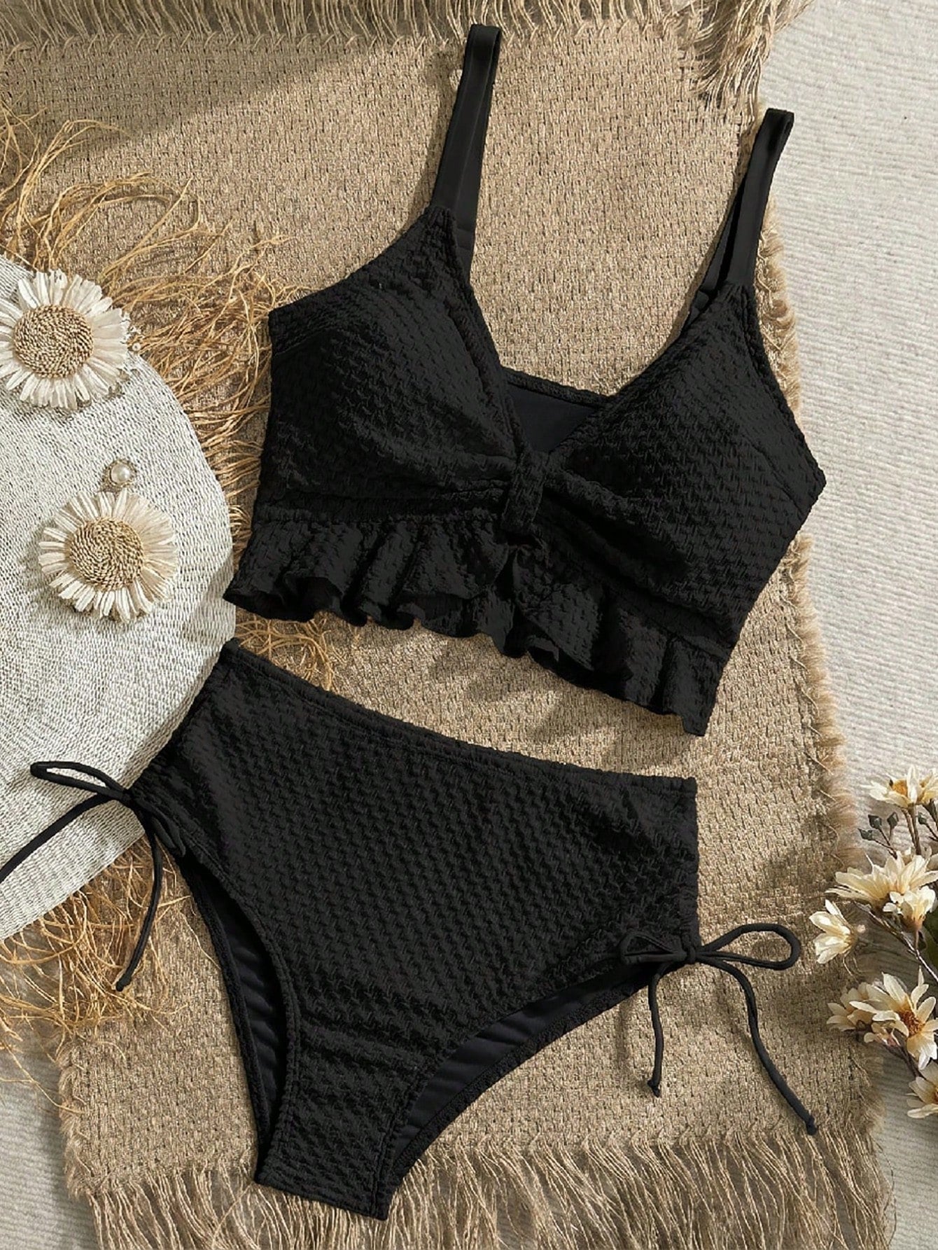 Swim Vcay Women's Solid Color Textured Fabric Sweet Ruffle Drawstring High Waist Cropped Camisole Bikini Top For Beach Vacation