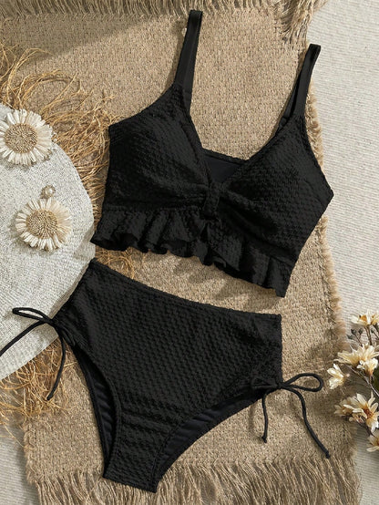 Swim Vcay Women's Solid Color Textured Fabric Sweet Ruffle Drawstring High Waist Cropped Camisole Bikini Top For Beach Vacation