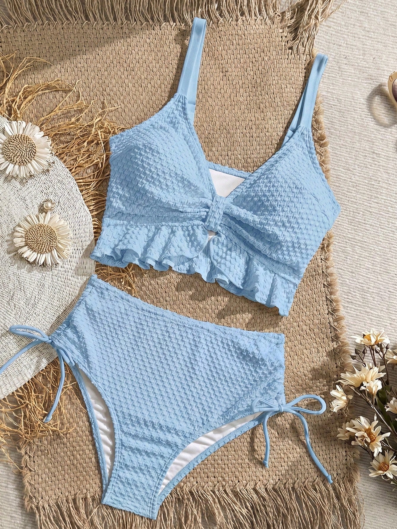 Swim Vcay Women's Solid Color Textured Fabric Sweet Ruffle Drawstring High Waist Cropped Camisole Bikini Top For Beach Vacation