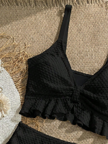 Swim Vcay Women's Solid Color Textured Fabric Sweet Ruffle Drawstring High Waist Cropped Camisole Bikini Top For Beach Vacation